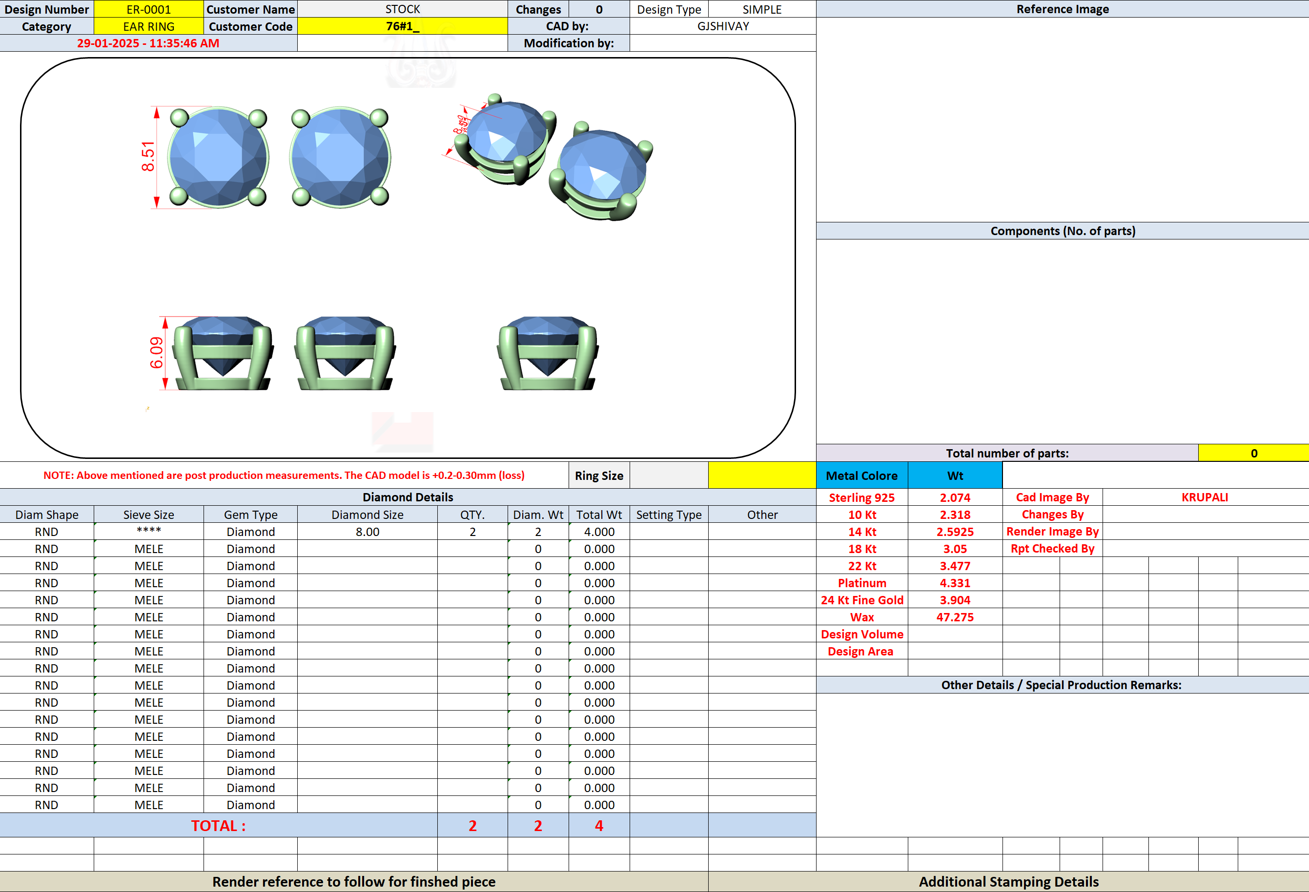CAD file screenshot — Double-Claw Round Solitaire Stud Earrings