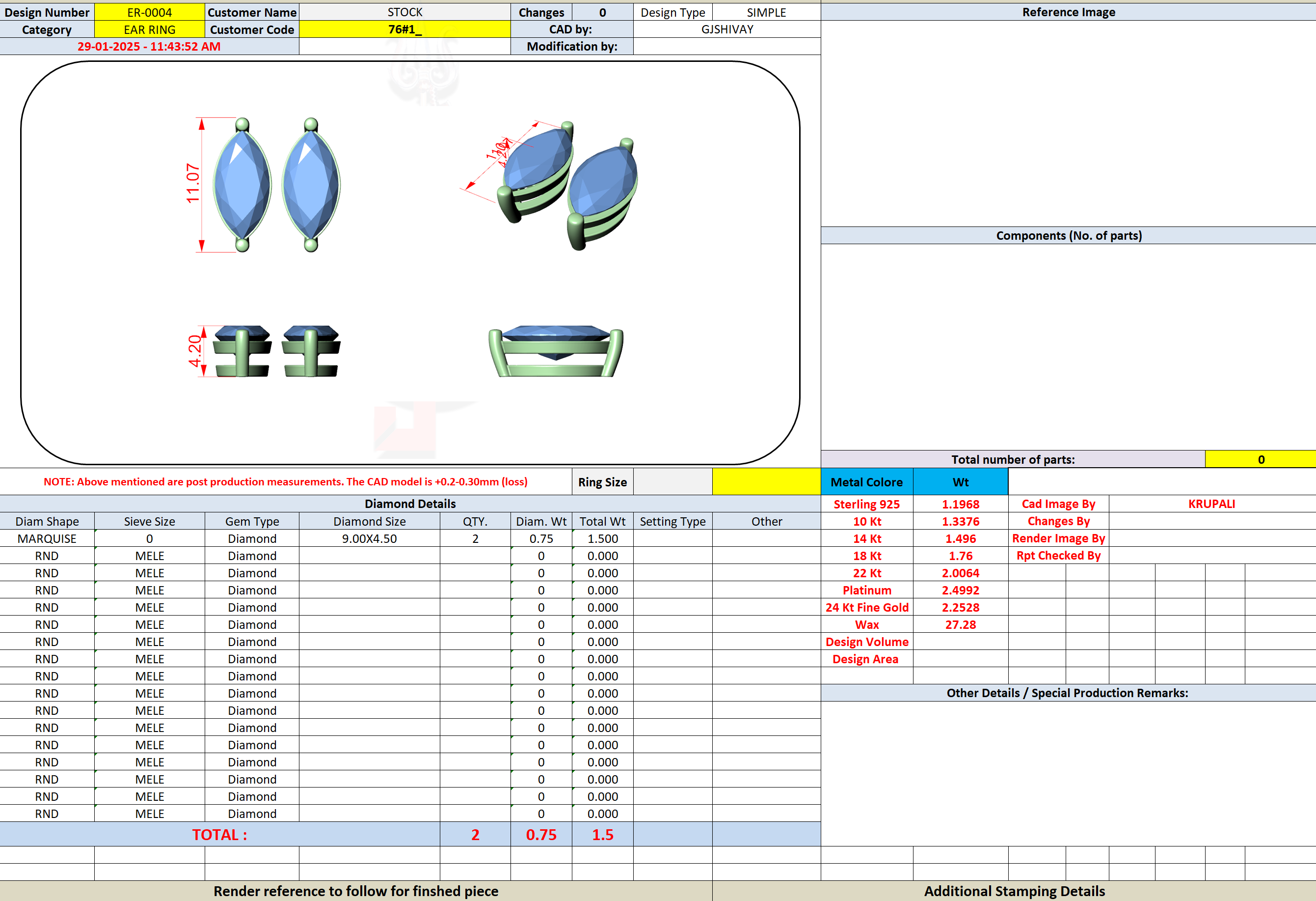 CAD file screenshot — Marquise Solitaire Stud Earrings