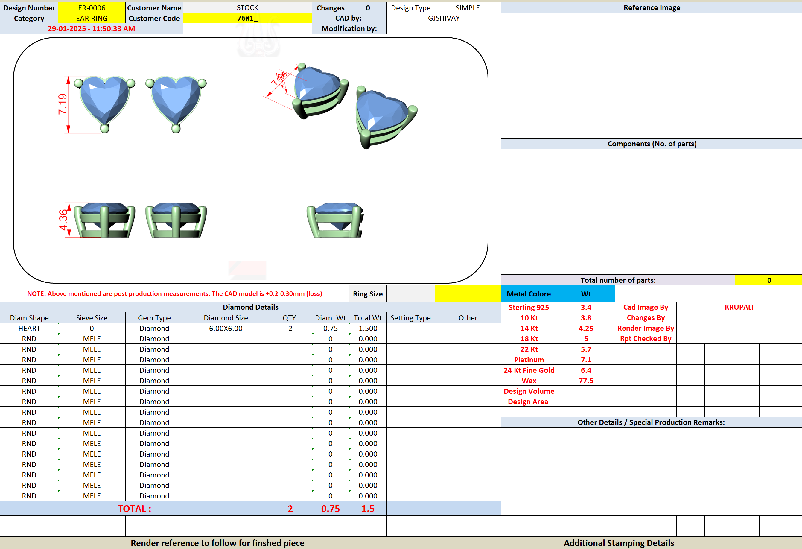 CAD file screenshot — Heart Solitaire Stud Earrings