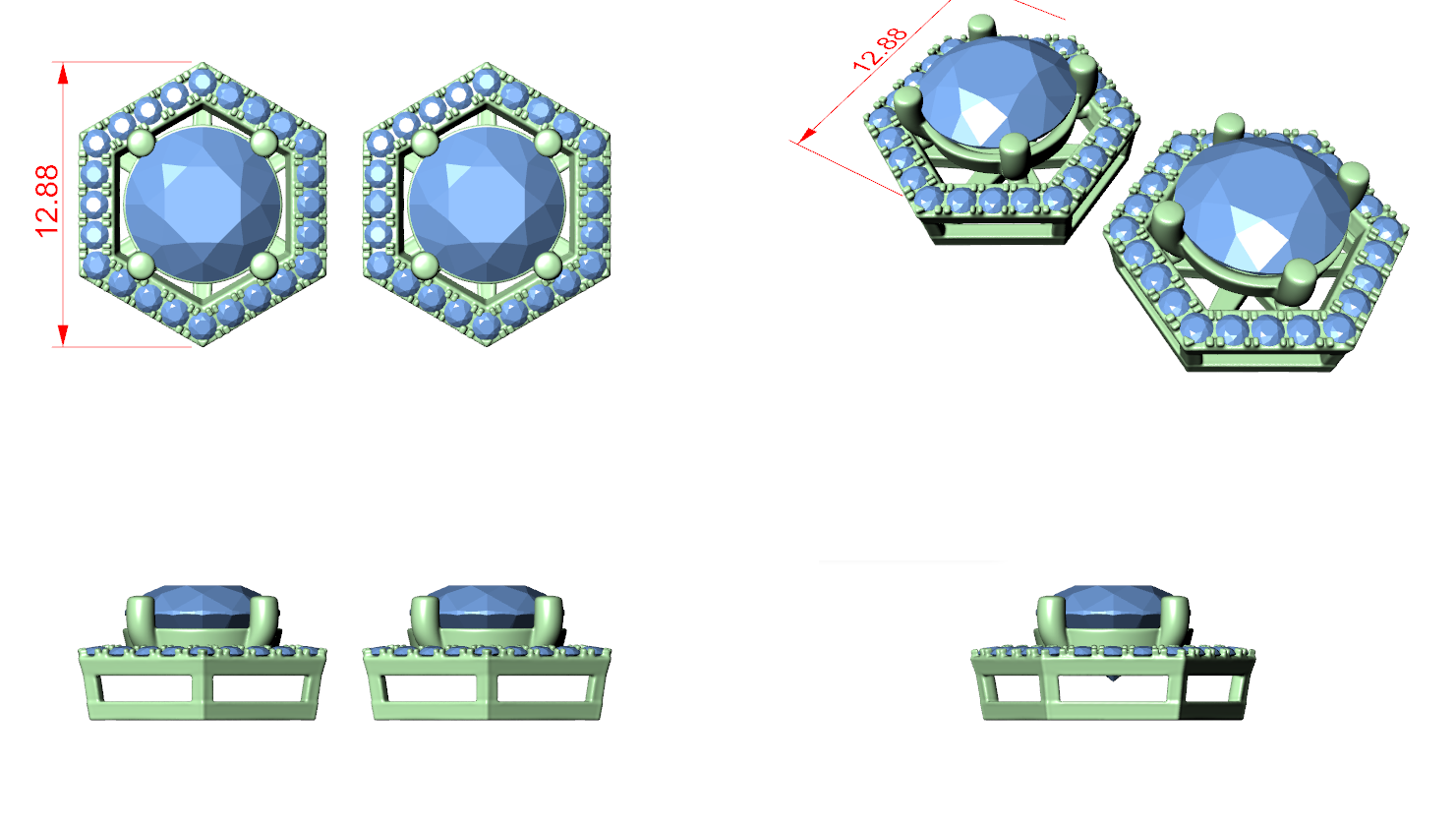CAD file screenshot — Hexagon Halo Round Stud Earrings