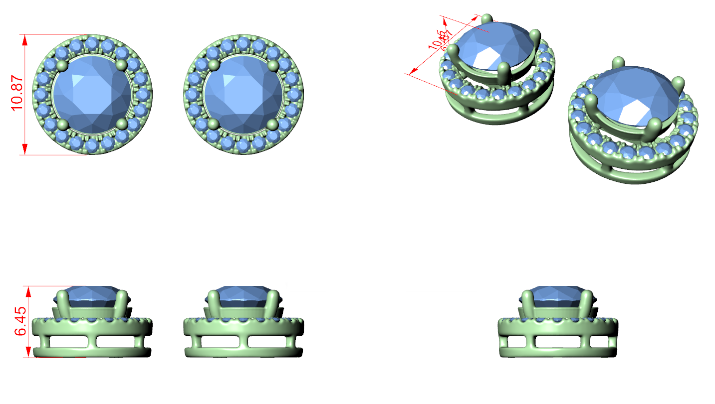 CAD file screenshot — Crescent Halo Round Stud Earrings