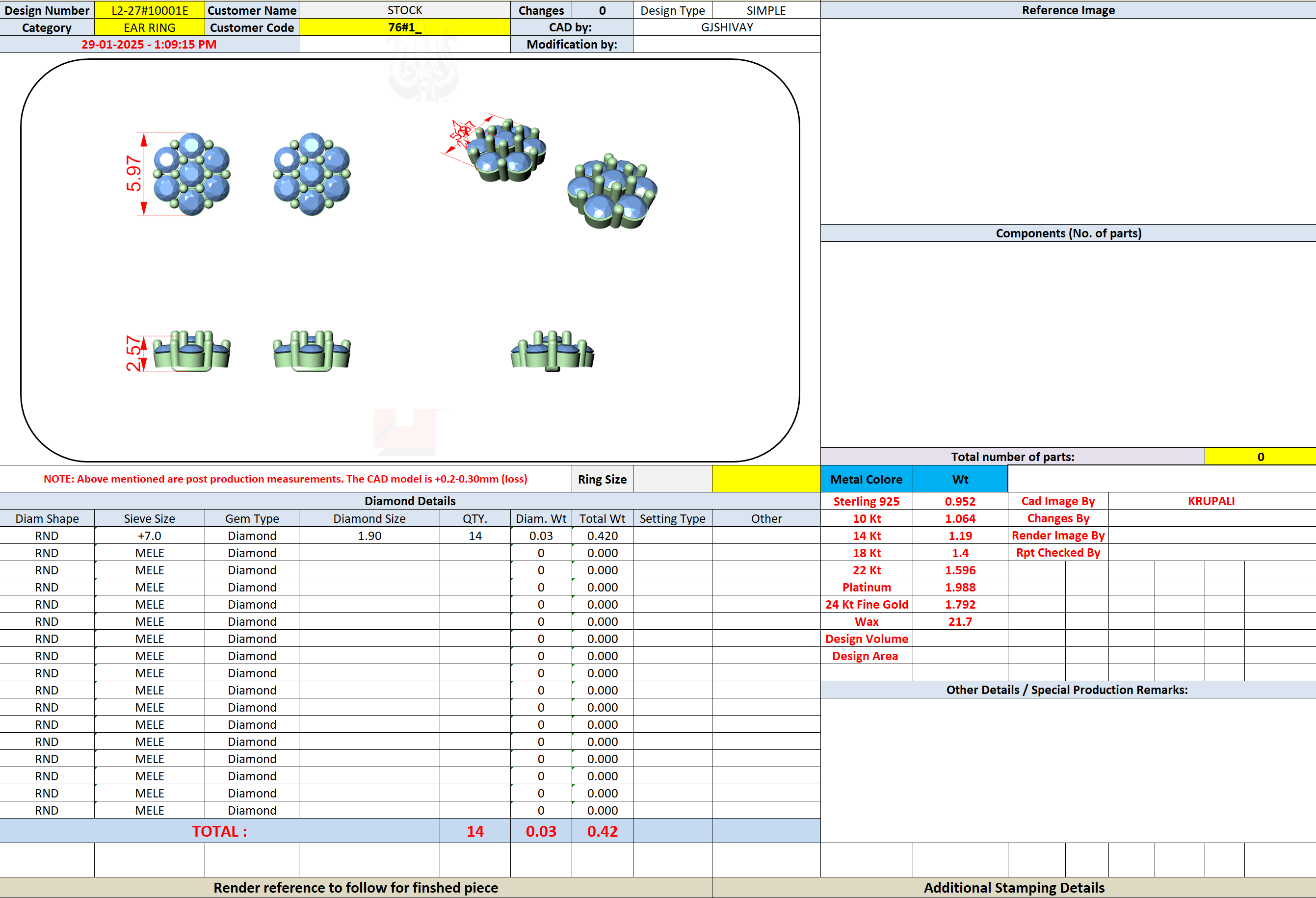 CAD file screenshot — Seven-Stone Floral Cluster Earrings