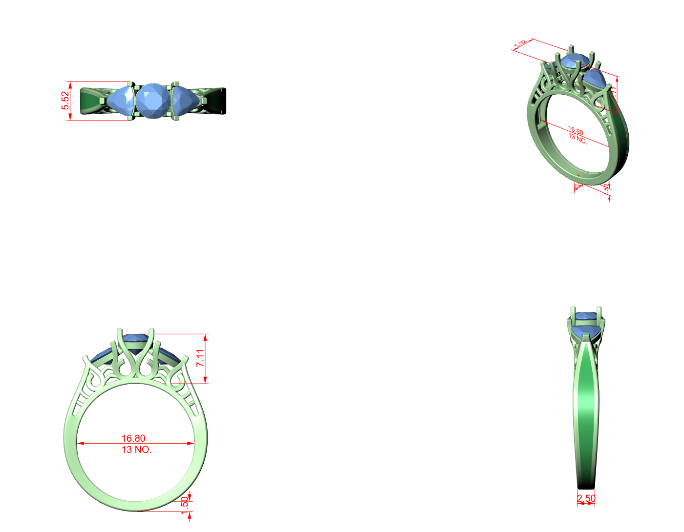 CAD file screenshot — Round and Trillion Three Stone Filigree Ring
