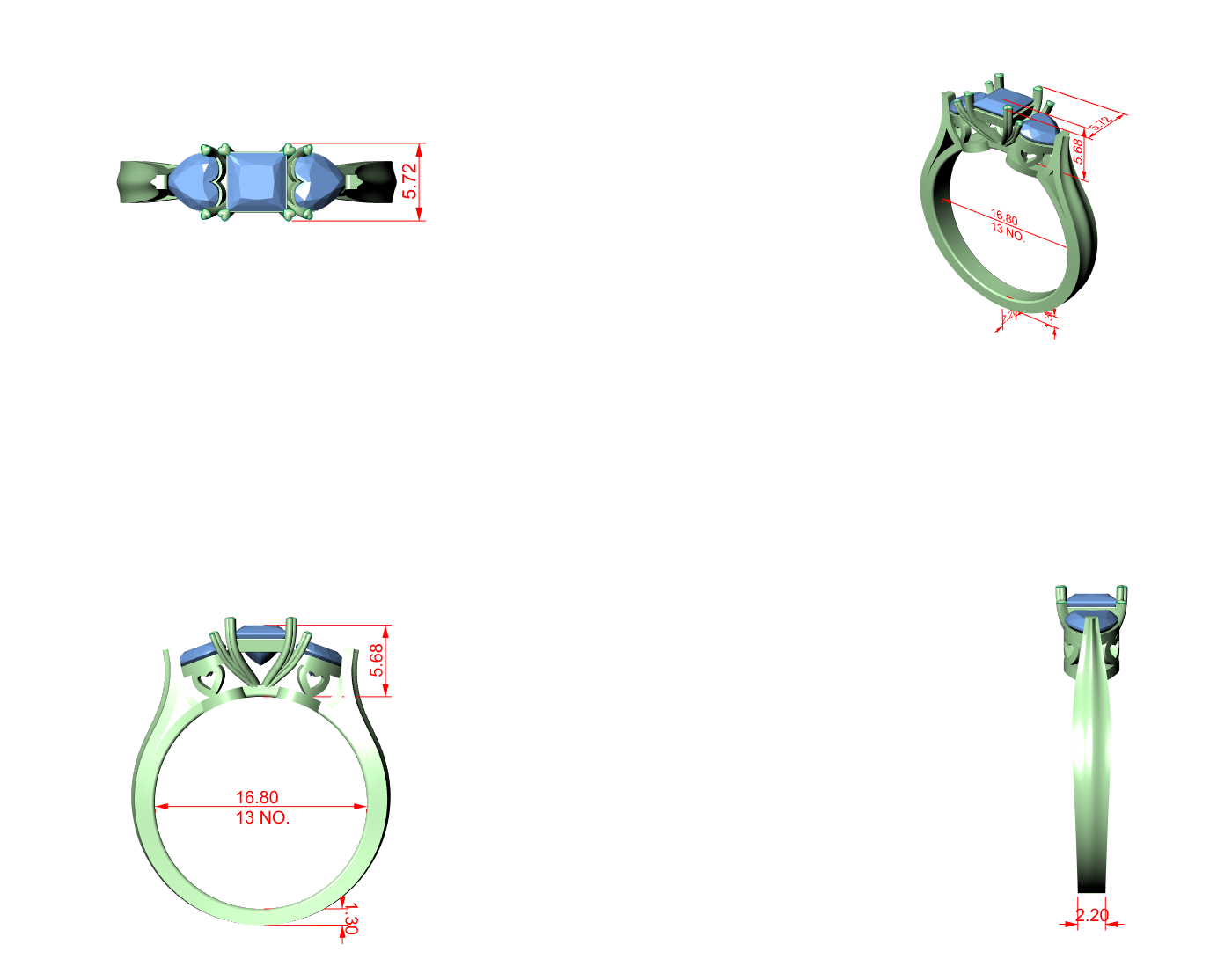 CAD file screenshot — Princess Three Stone Trellis Ring