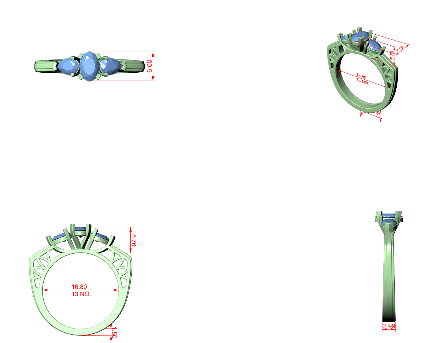 CAD file screenshot — Oval and Pear Three Stone Filigree Ring