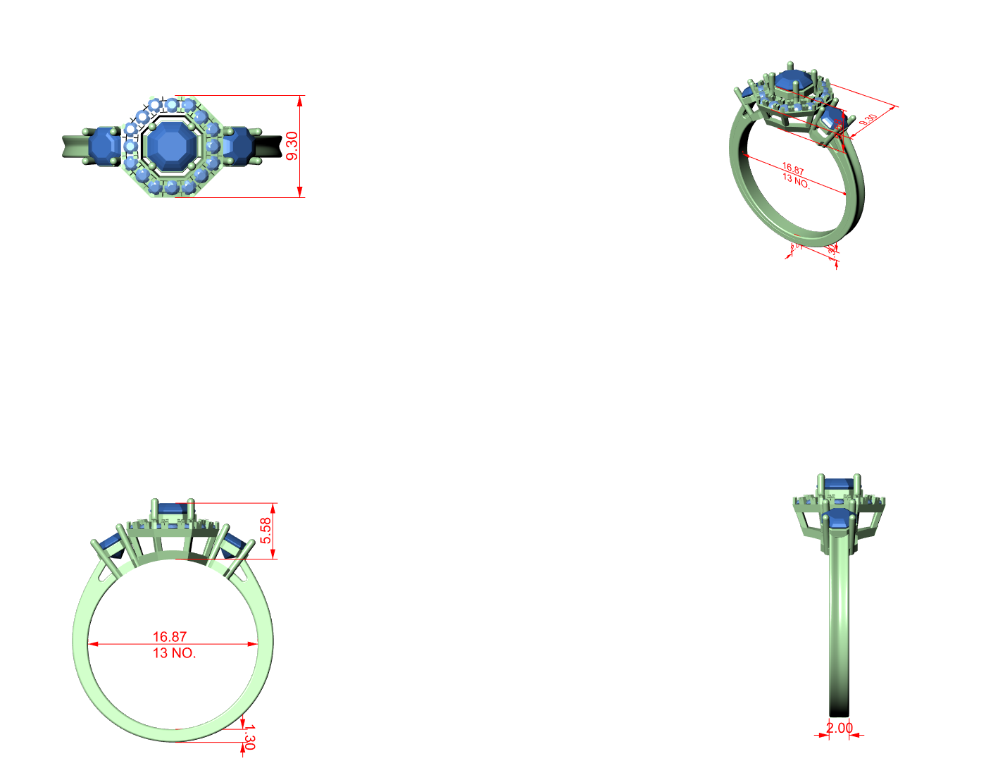 CAD file screenshot — Round Octagonal-Halo Three Stone Ring