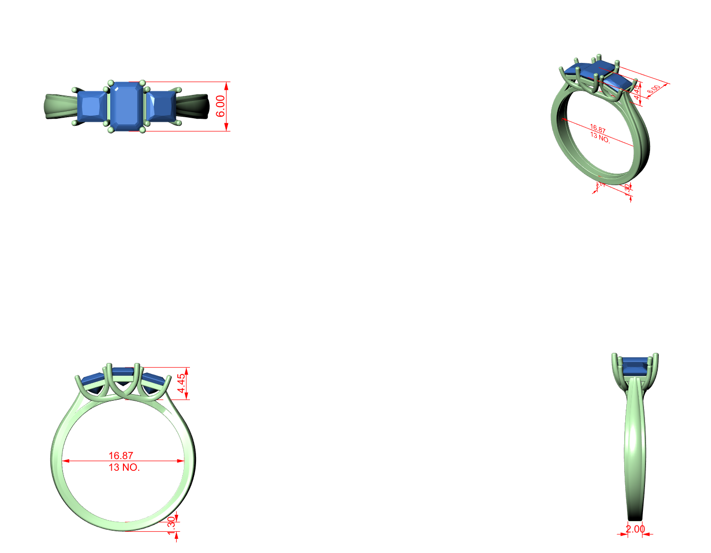 CAD file screenshot — Emerald and Princess Three Stone Ring