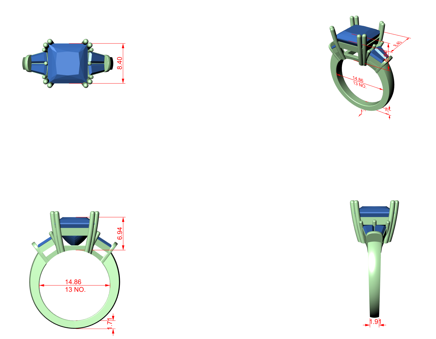 CAD file screenshot — Princess and Tapered Baguette Three Stone Ring
