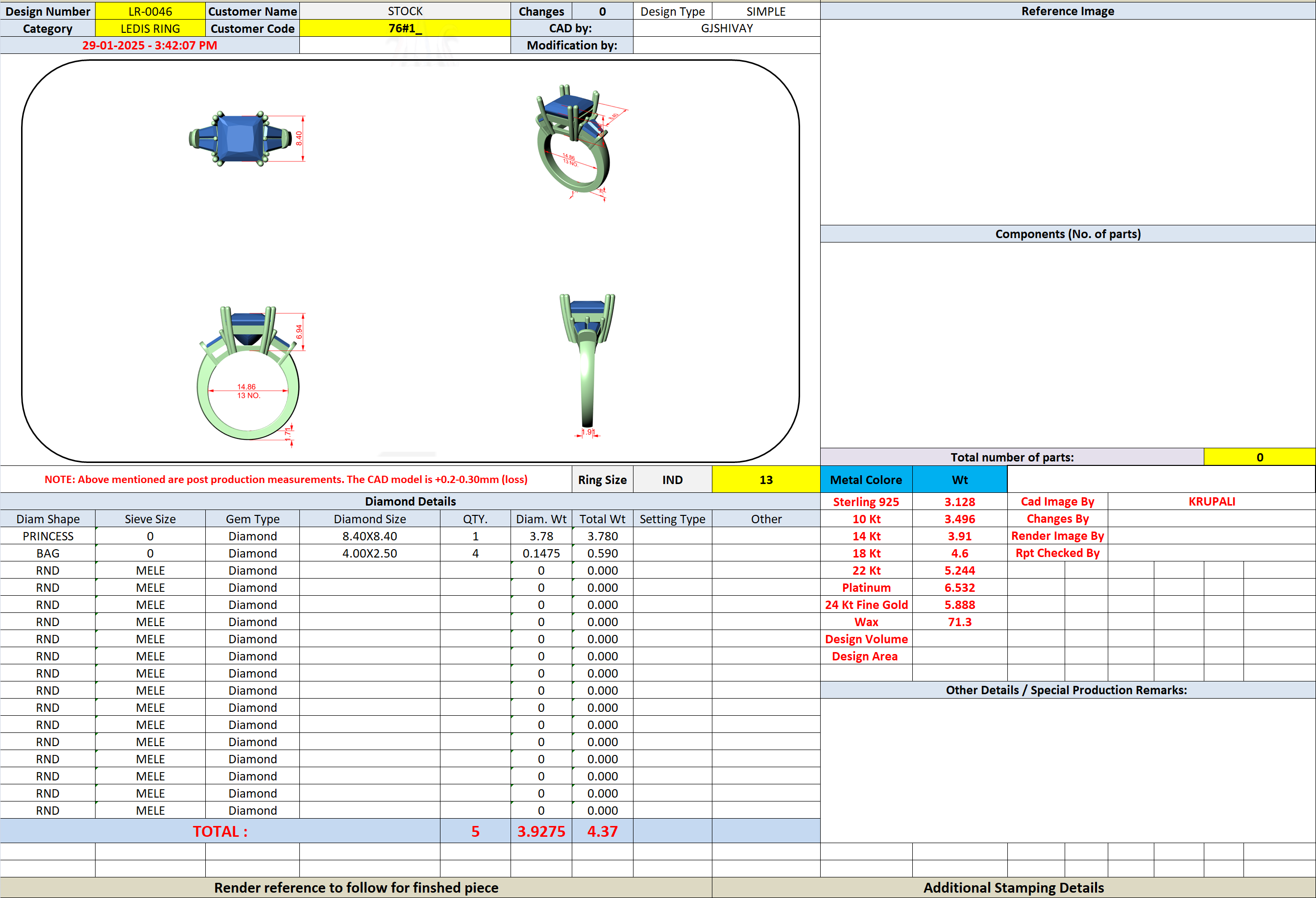 CAD file screenshot — Princess and Tapered Baguette Three Stone Ring