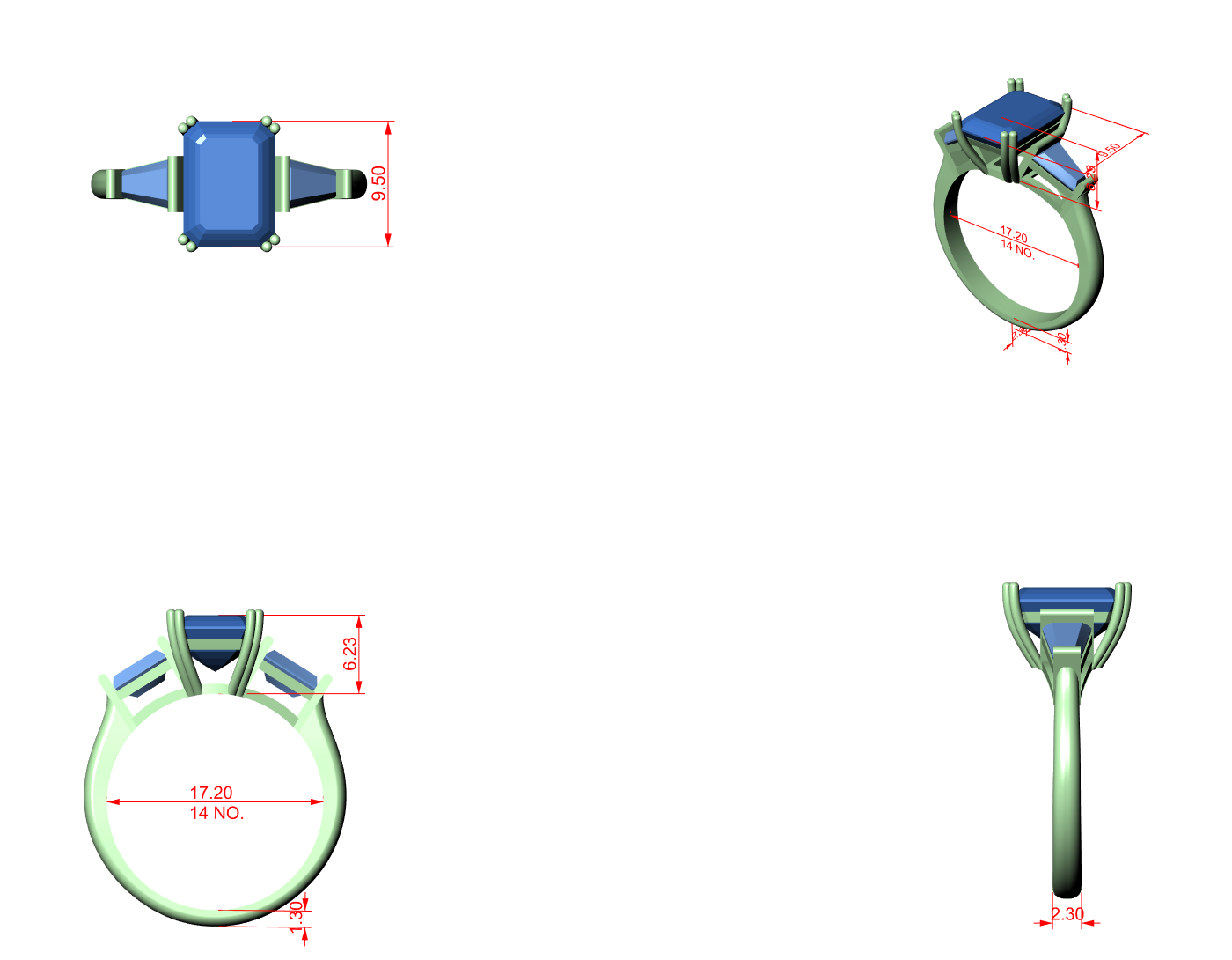 CAD file screenshot — Emerald and Tapered Baguette Three Stone Ring