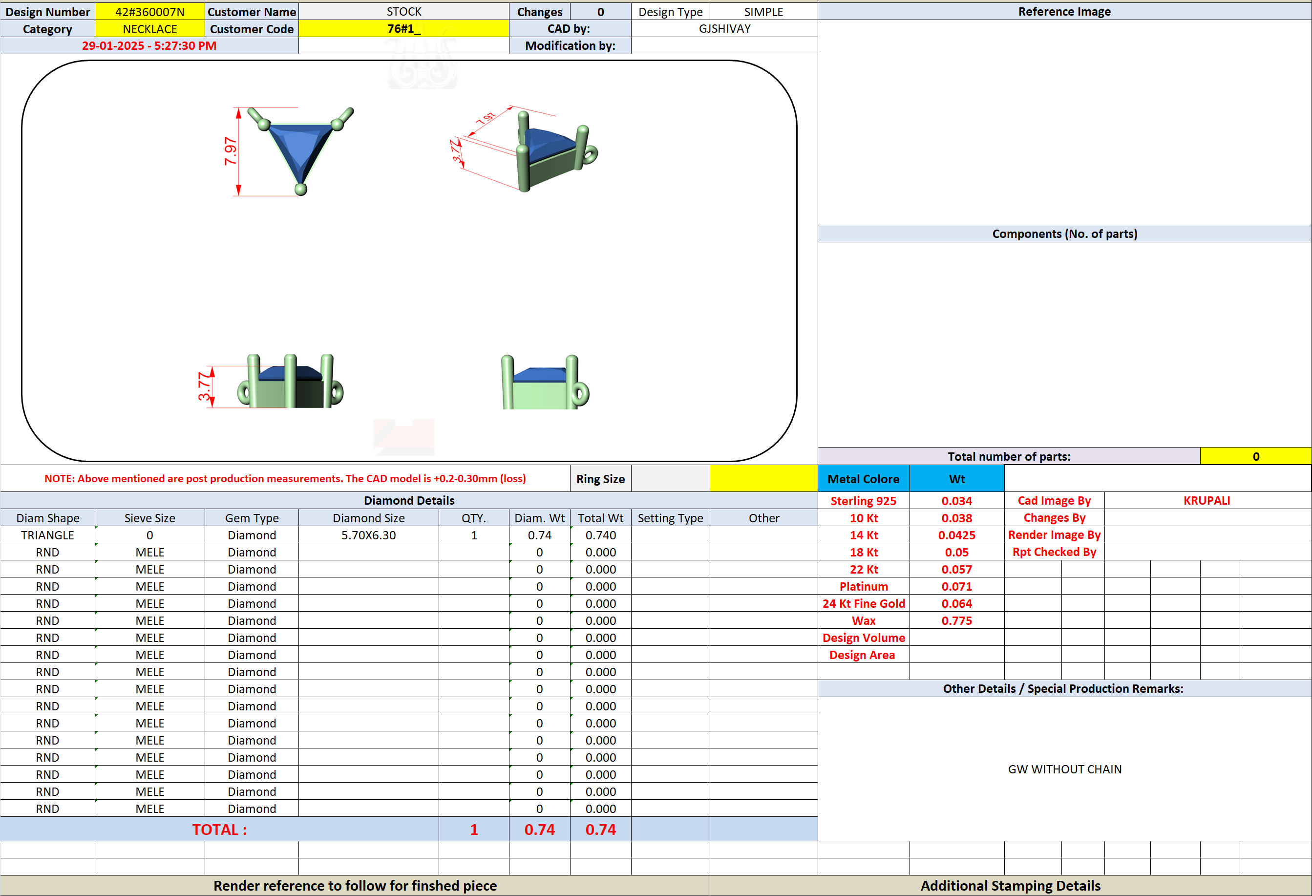 CAD file screenshot — Trillion-Cut Prong Solitaire Pendant