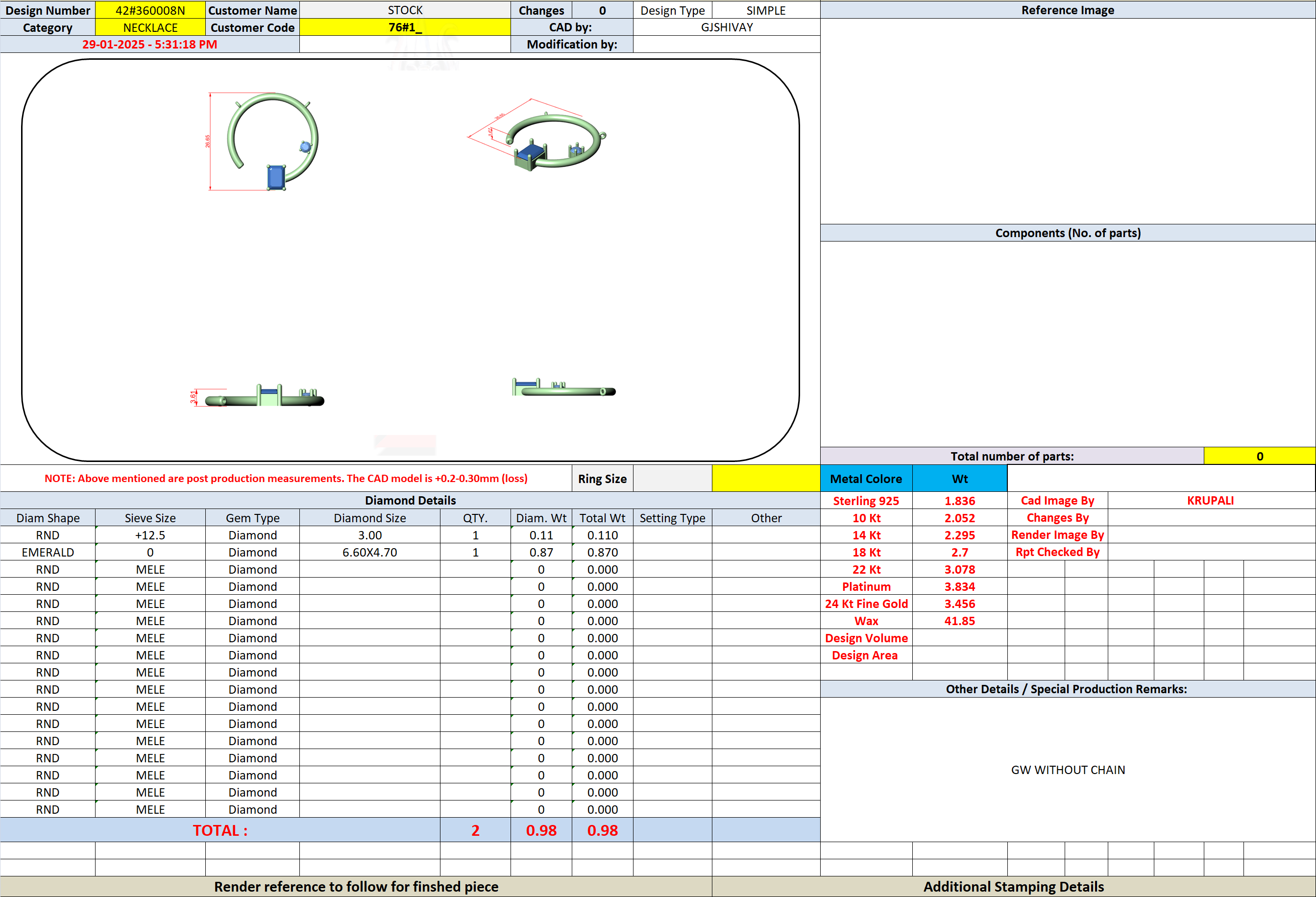 CAD file screenshot — Open Circle Toi et Moi Emerald-Cut Pendant