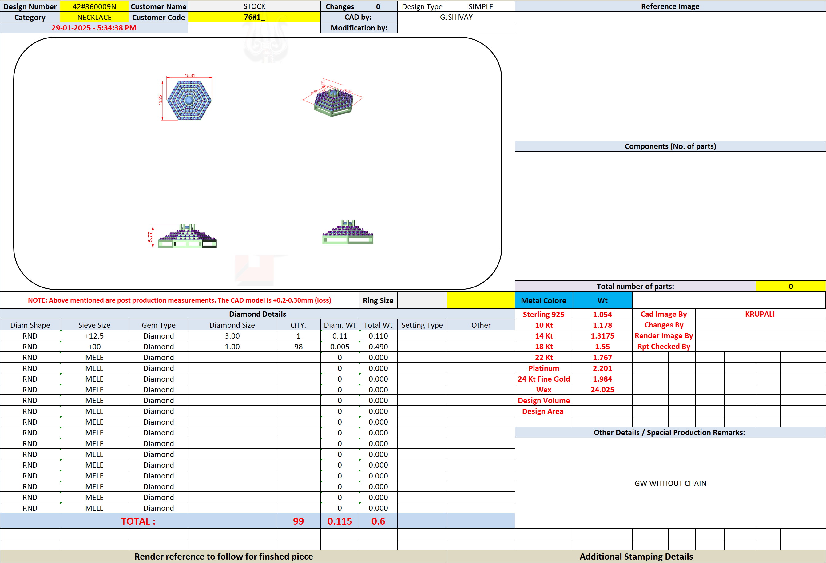 CAD file screenshot — Concentric Hexagon Pave Cluster Pendant