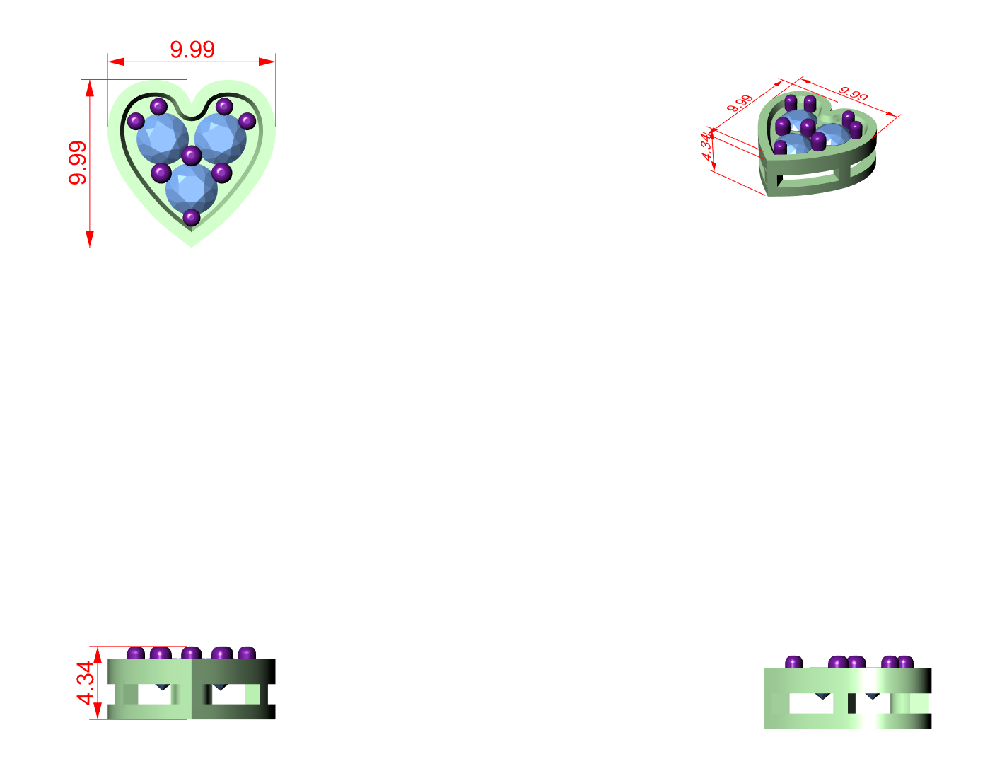 CAD file screenshot — Three-Stone Heart Cluster Pendant