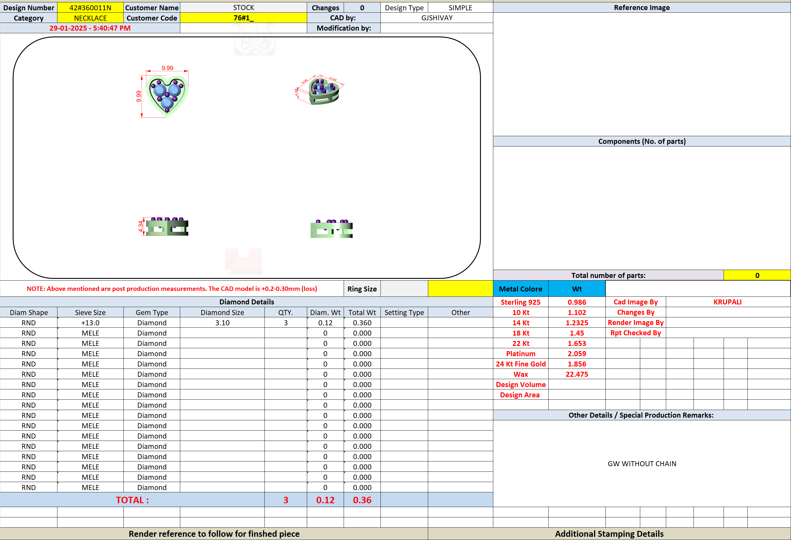 CAD file screenshot — Three-Stone Heart Cluster Pendant