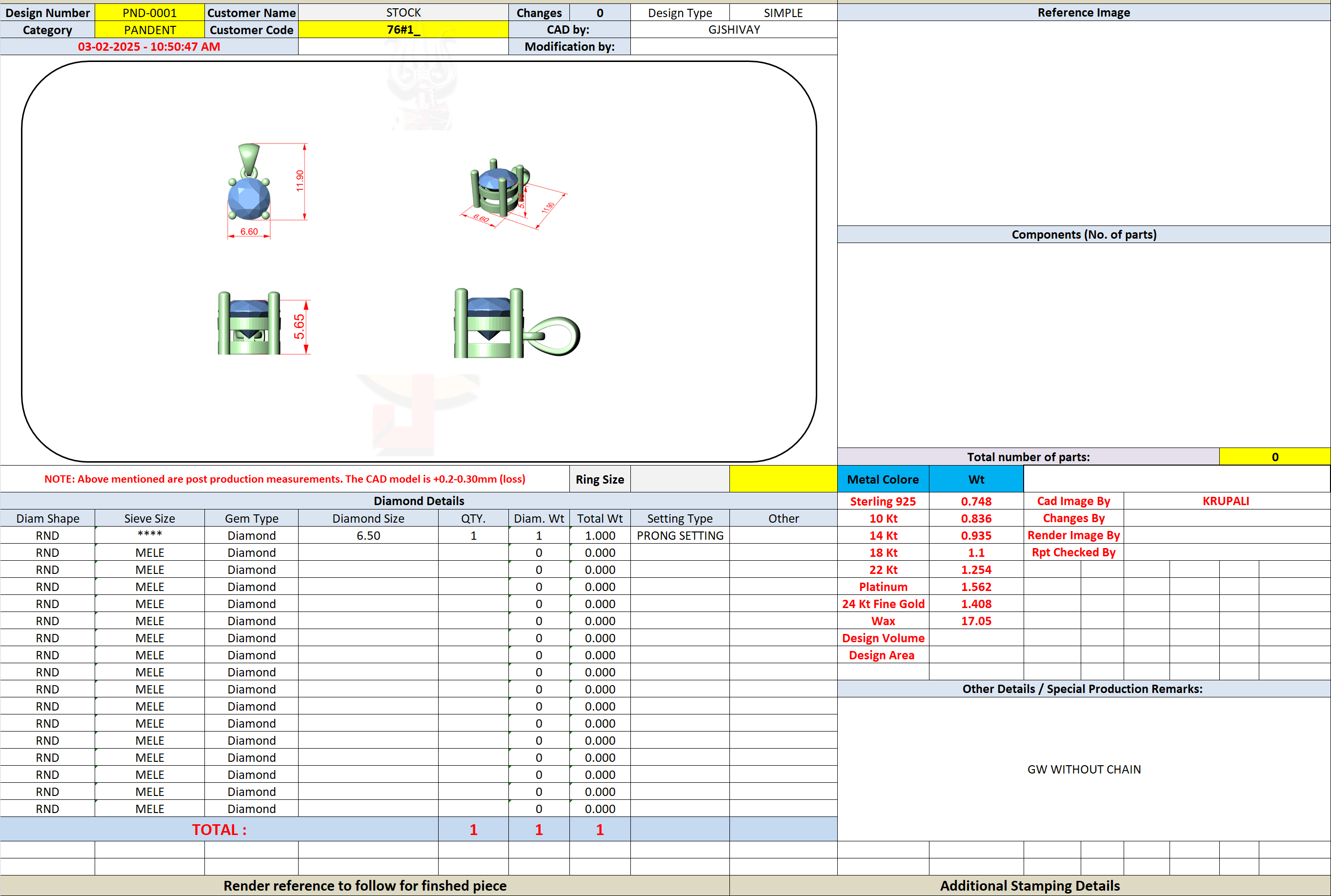 CAD file screenshot — Classic Round Four-Prong Solitaire Pendant