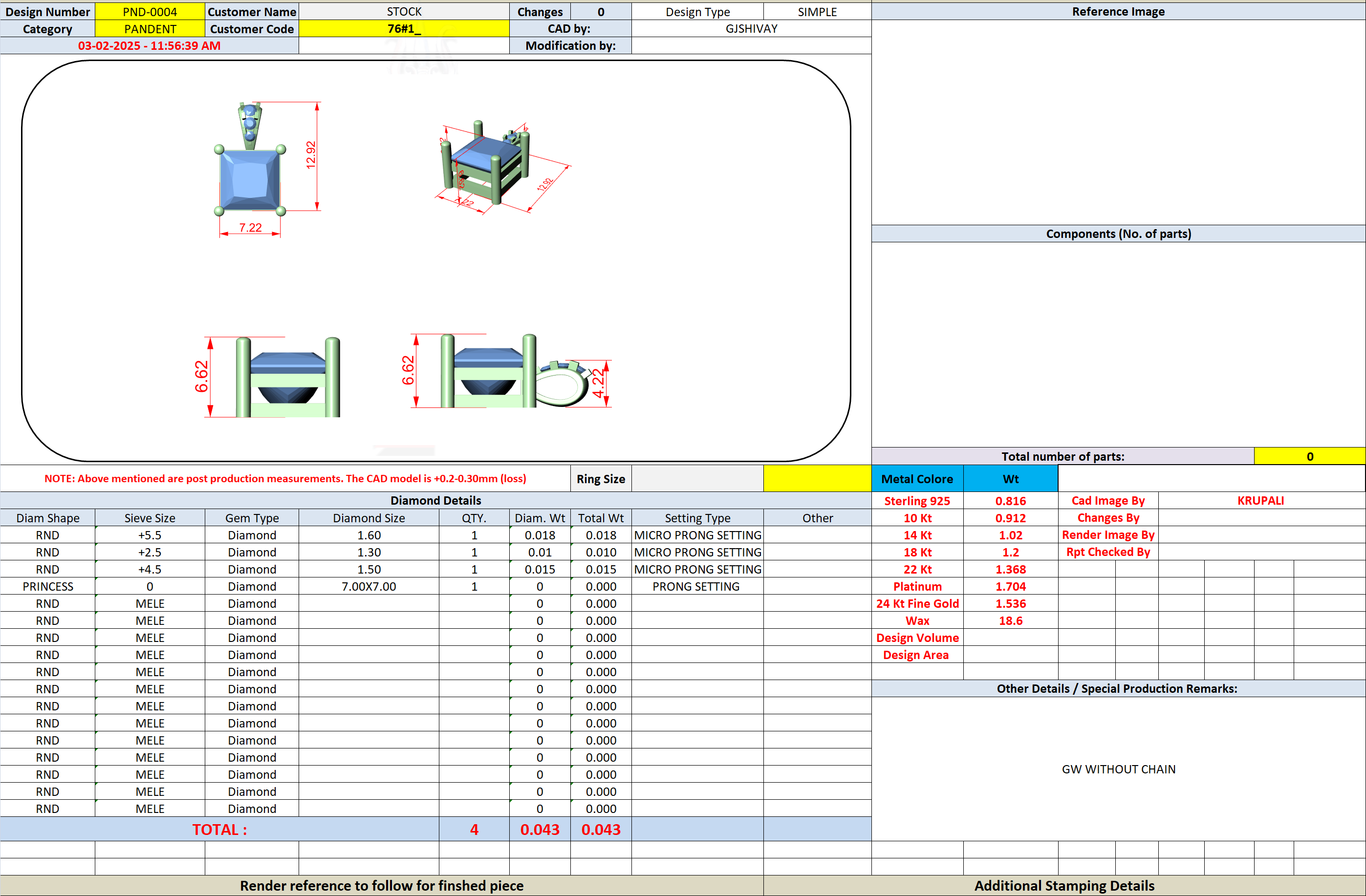 CAD file screenshot — Princess-Cut Solitaire Pendant with Accented Bail