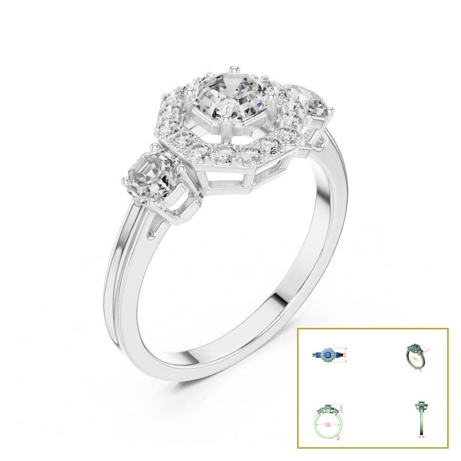 Round Octagonal-Halo Three Stone Ring