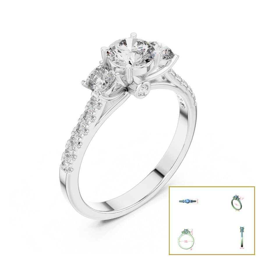 Round Three Stone Pave Shoulder Ring