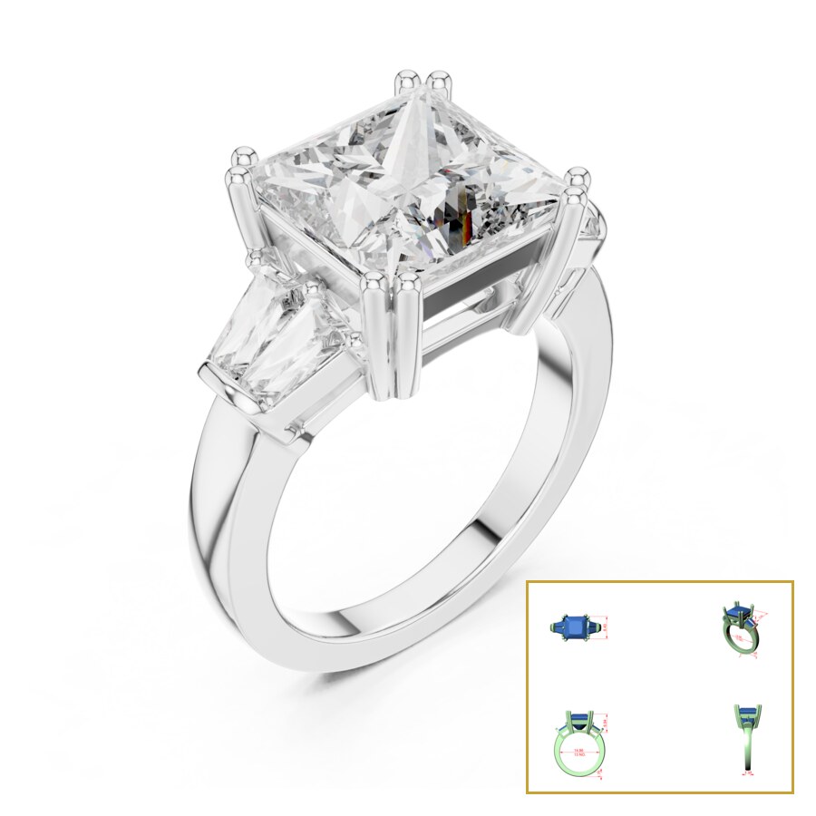 Princess and Tapered Baguette Three Stone Ring